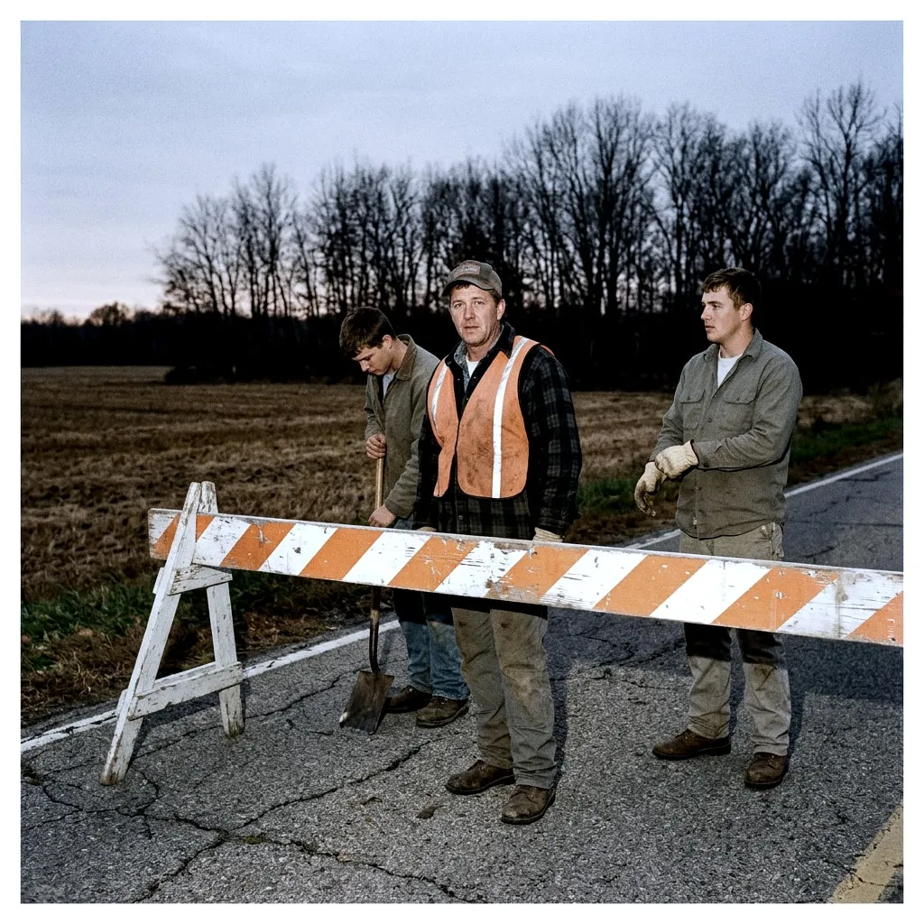 Three road workers, one in an orange safety vest, stand behind a striped road-closed barricade on a rural road at dusk.