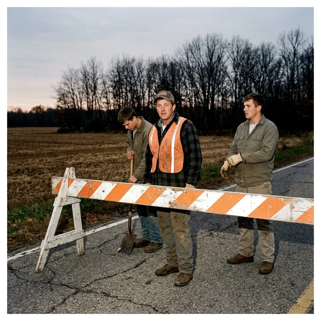 Three road workers, one in an orange safety vest, stand behind a striped road-closed barricade on a rural road at dusk.