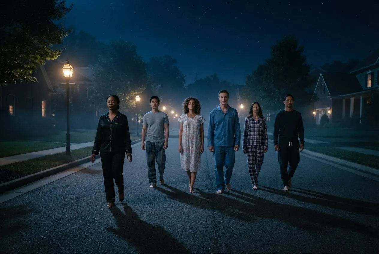 Silver octagonal eyeglasses floating over a crowd of people walking down a dark street at night.