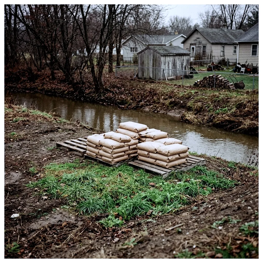 Pallets of plain fertilizer sacks on a muddy creek bank behind backyards. The grass right around the pallets is strikingly green.