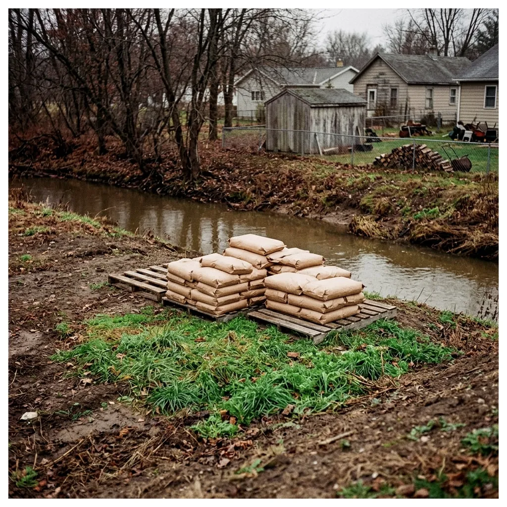 Pallets of plain fertilizer sacks on a muddy creek bank behind backyards. The grass right around the pallets is strikingly green.