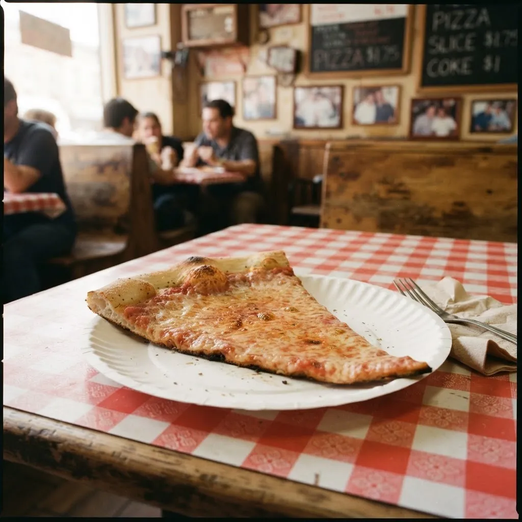 A slice of pizza on a paper plate on a red-checked table in a busy neighborhood pizzeria.