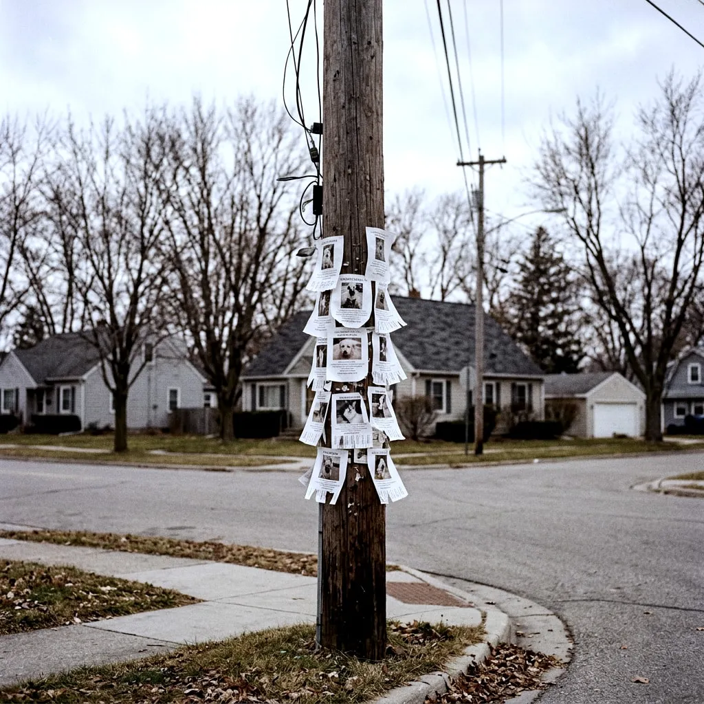 A wooden telephone pole on a quiet residential corner covered in layers of stapled lost-pet flyers.