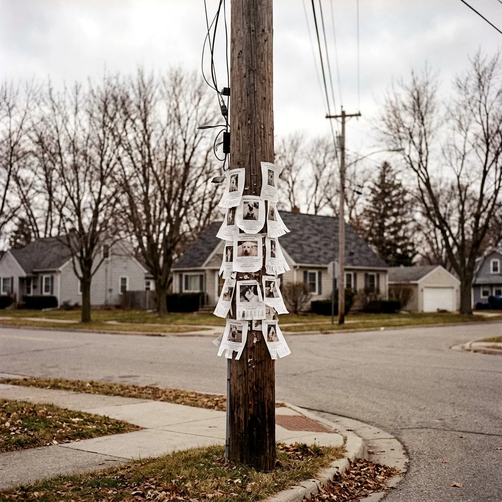 A wooden telephone pole on a quiet residential corner covered in layers of stapled lost-pet flyers.