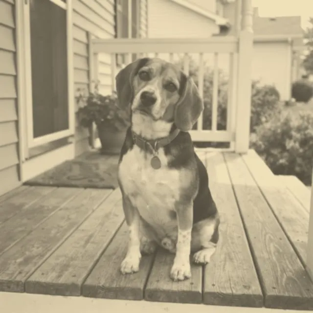Mr. Biscuit, a beagle in a red collar, sitting on a porch, in a photocopied snapshot (MAR 2003)