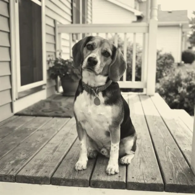 Mr. Biscuit, a beagle in a red collar, sitting on a porch, in a photocopied snapshot (AUG 2011)