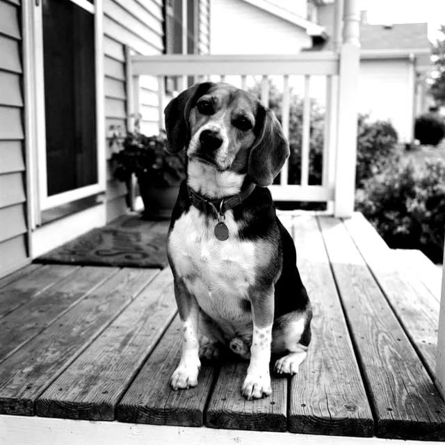 Mr. Biscuit, a beagle in a red collar, sitting on a porch, in a photocopied snapshot (OCT 2026)