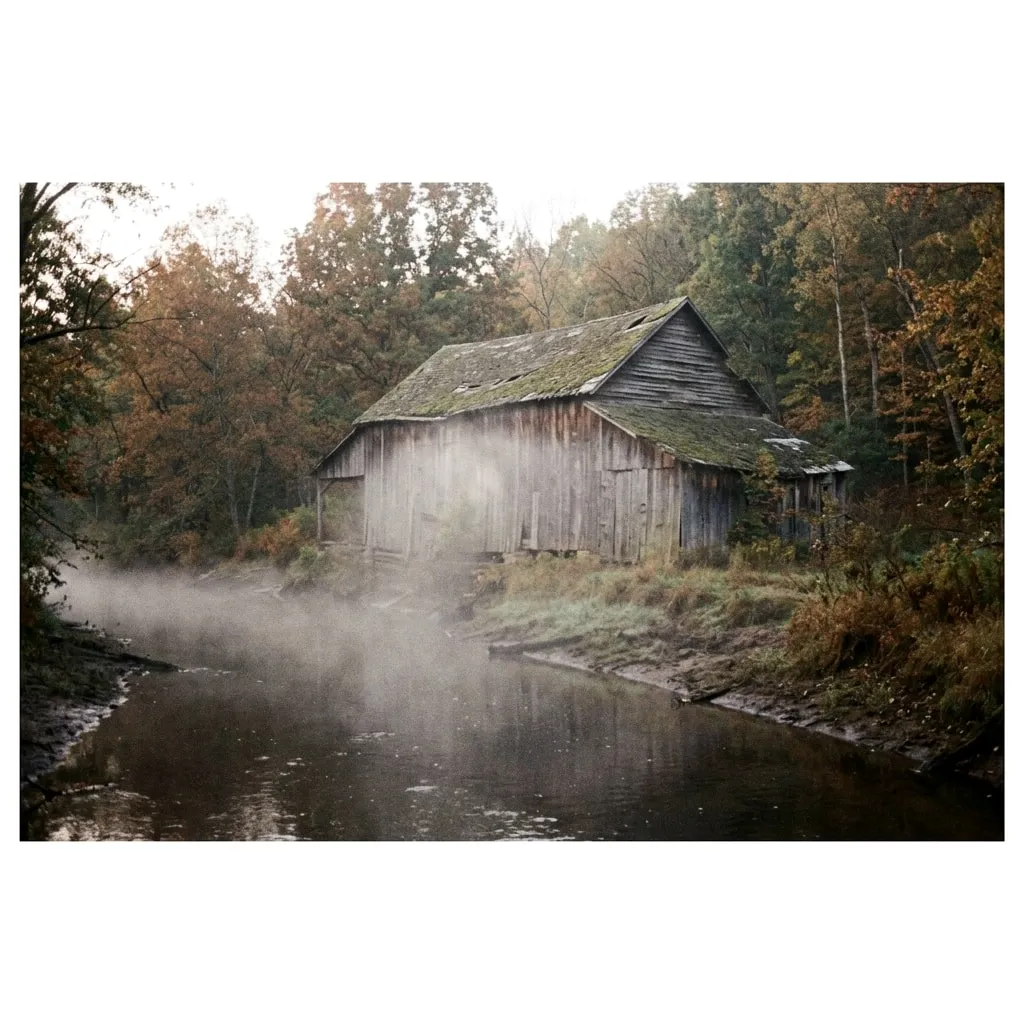 An abandoned wooden sawmill with a sagging roof on a misty riverbank surrounded by autumn trees.