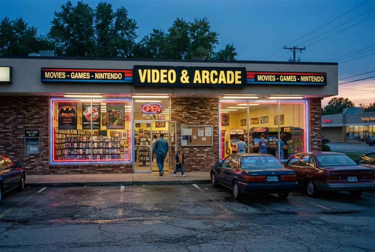 A video rental store and arcade at night, its neon OPEN sign and lit windows full of tapes and posters.