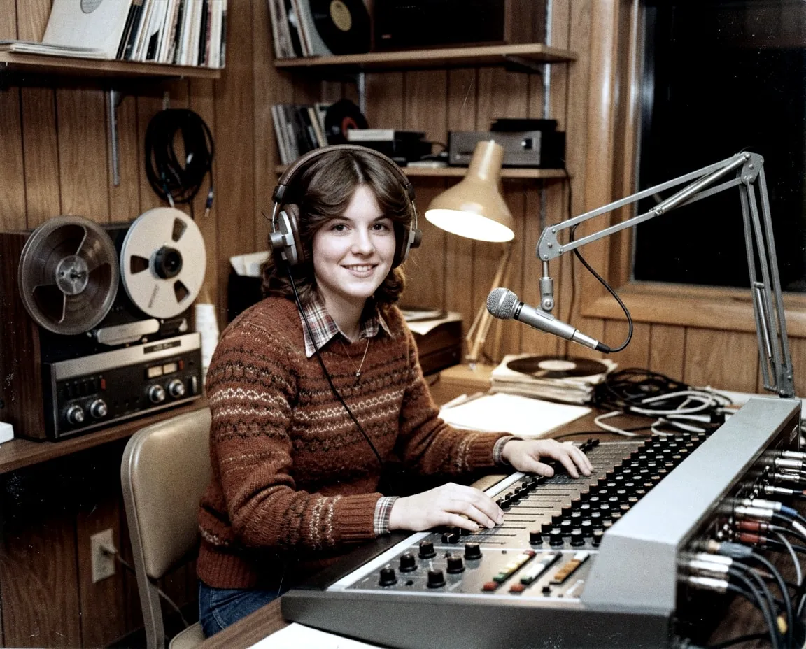 A young woman with feathered hair and headphones smiles at a radio mixing board surrounded by reel-to-reel decks in a wood-paneled booth, 1975.