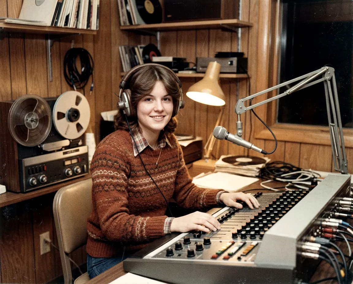 A young woman with feathered hair and headphones smiles at a radio mixing board surrounded by reel-to-reel decks in a wood-paneled booth, 1975.