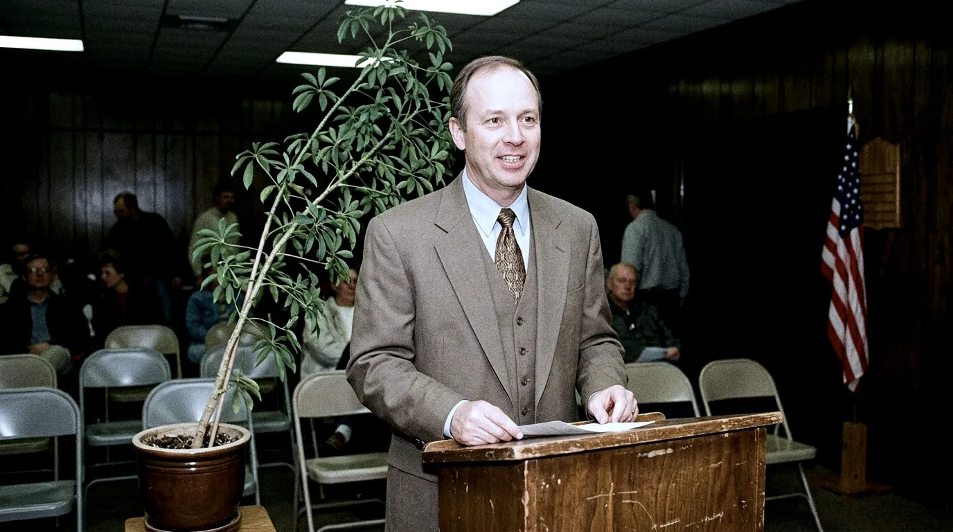A smiling middle-aged councilman in a brown suit at a wooden podium in a wood-paneled township meeting room. A potted plant beside him leans toward him.