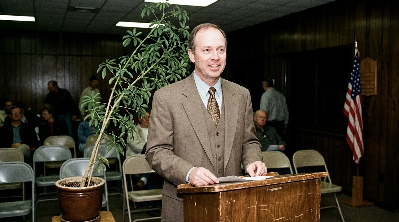 A smiling middle-aged councilman in a brown suit at a wooden podium in a wood-paneled township meeting room. A potted plant beside him leans toward him.